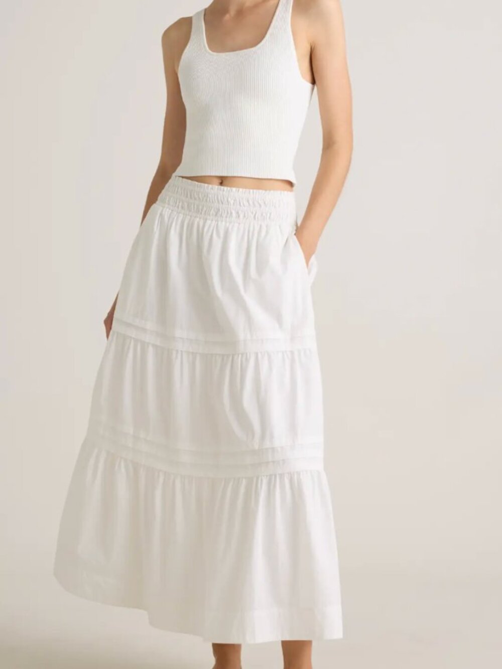 Quince 100% Organic Cotton Poplin Tiered A-Line Maxi Skirt White Size Small
